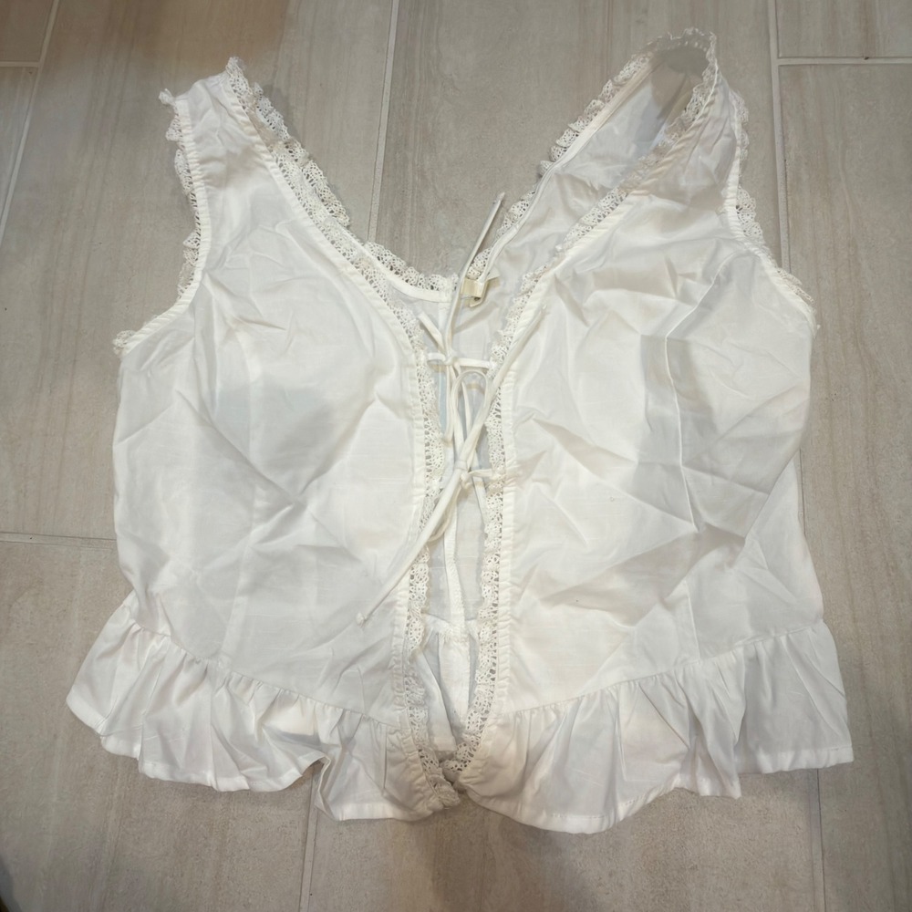 Selfie White Lace Up Ruffle Tank Top Womens XL Cottagecore Sleeveless Blouse